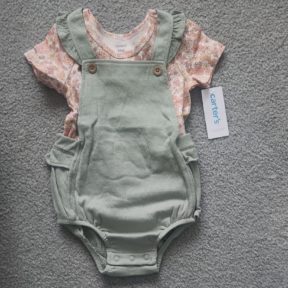 Carter's Green Baby Romper with Floral Shirt NWT